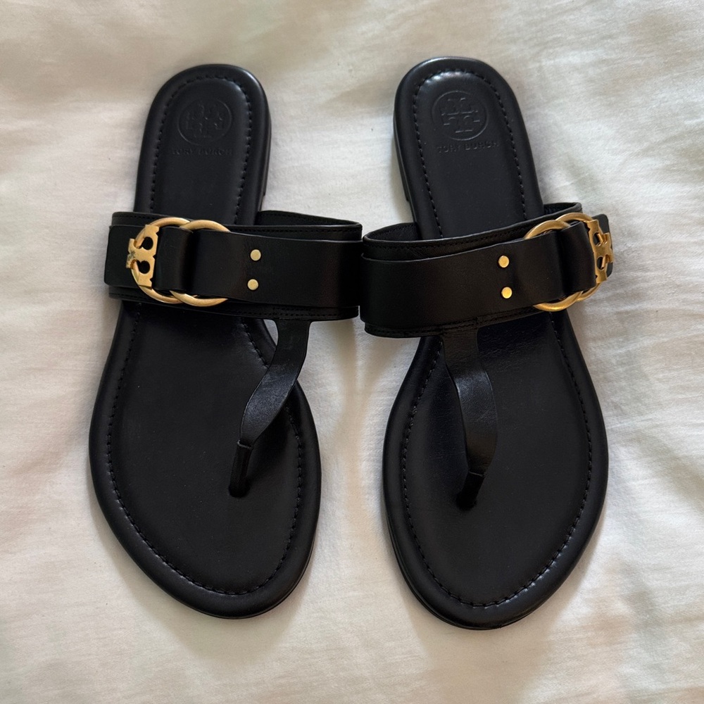 Tory Burch Black Sandals with Gold Buckle
